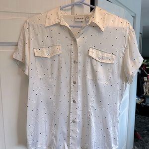 White and black polka dot blouse, silk, chicos, 2